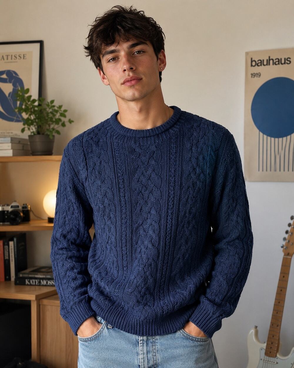 Roll Neck Unisex Ramie Cotton Navy Blue Long Sweater Large